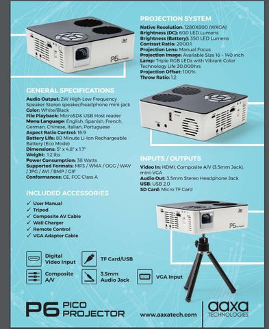 AAXA Technologies P6 Projecteur DLP - 16:9 - 1280 x 800 - Avant - 720p - 30000 Heures Mode Normal - WXGA - 2000:1 - 600 Lumens - HDMI - USB - 1 an de garantie