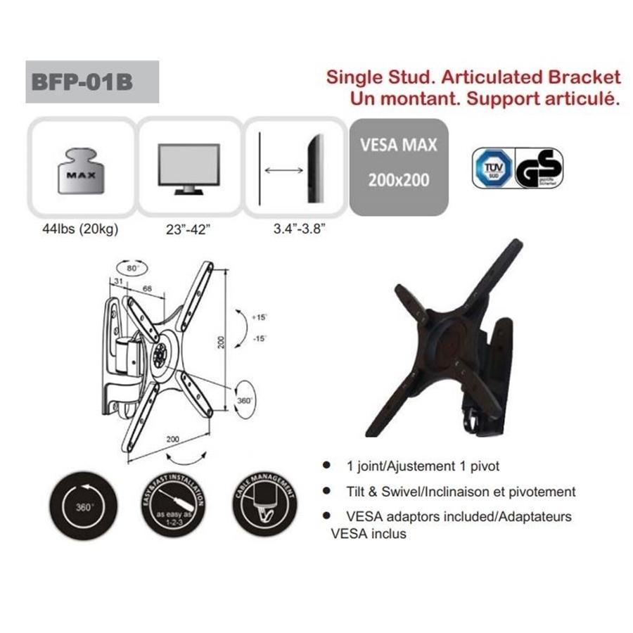 AMX BFP-01B Support Mural Universel Articulé 1 Pivot Pour TV LED, LCD, PLASMA pour Écrans 23'' À 42'' - Simple Boutique