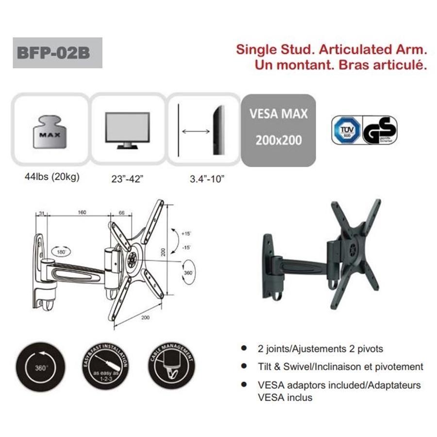AMX BFP-02B Support Mural Universel Articulé 2 Pivots Pour TV LED, LCD, PLASMA pour Écrans 23'' À 42'' - Simple Boutique
