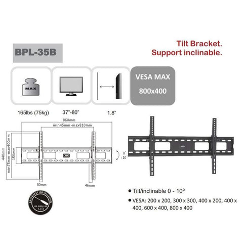 AMX BPL-35B Support Mural Universel Inclinable Pour TV LED, LCD, PLASMA pour Écrans 32'' À 80''