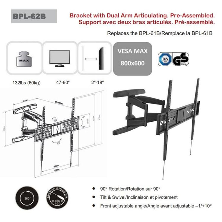 AMX BPL-62B Support Mural Universel Articulé Pour TV LED, LCD, PLASMA pour Écrans 47" À 90" - Liquidation Vente Finale - Simple Boutique