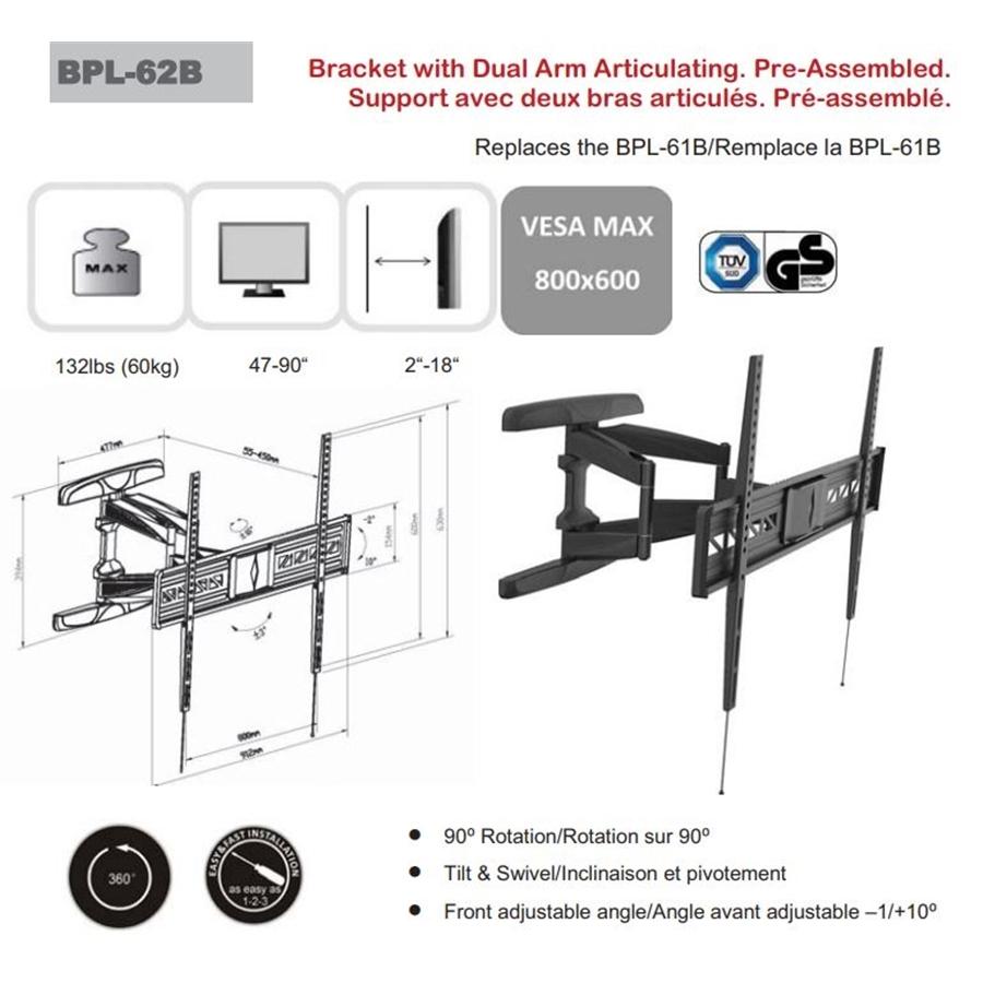 AMX BPL-62B Support Mural Universel Articulé Pour TV LED, LCD, PLASMA pour Écrans 47" À 90" - Liquidation Vente Finale - Simple Boutique