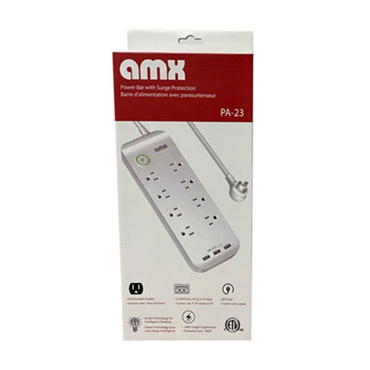 AMX PA-23 - Barre d'alimentation avec Protecteur de Surtension à 8 Prises et 3 Ports USB, Blanc - Simple Boutique