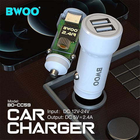 BWOO - Chargeur de Voiture avec 2 Ports USB, 12-24V, Sortie 18W + 5V 2.4A, Blanc
