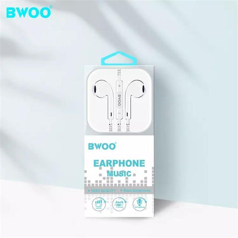 BWOO - Écouteurs Stéréo Intra-Auriculaires, Connecteur 3.5mm, Câble de 1.2M avec Télécommande et Microphone, Blanc