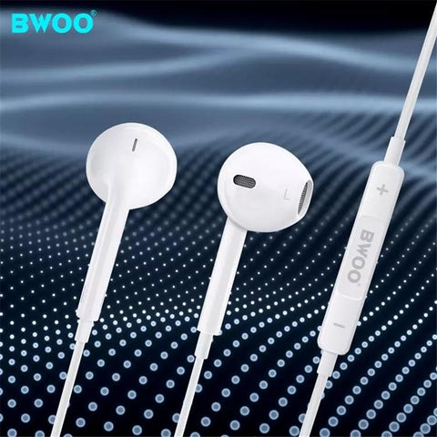 BWOO - Écouteurs Stéréo Intra-Auriculaires, Connecteur 3.5mm, Câble de 1.2M avec Télécommande et Microphone, Blanc