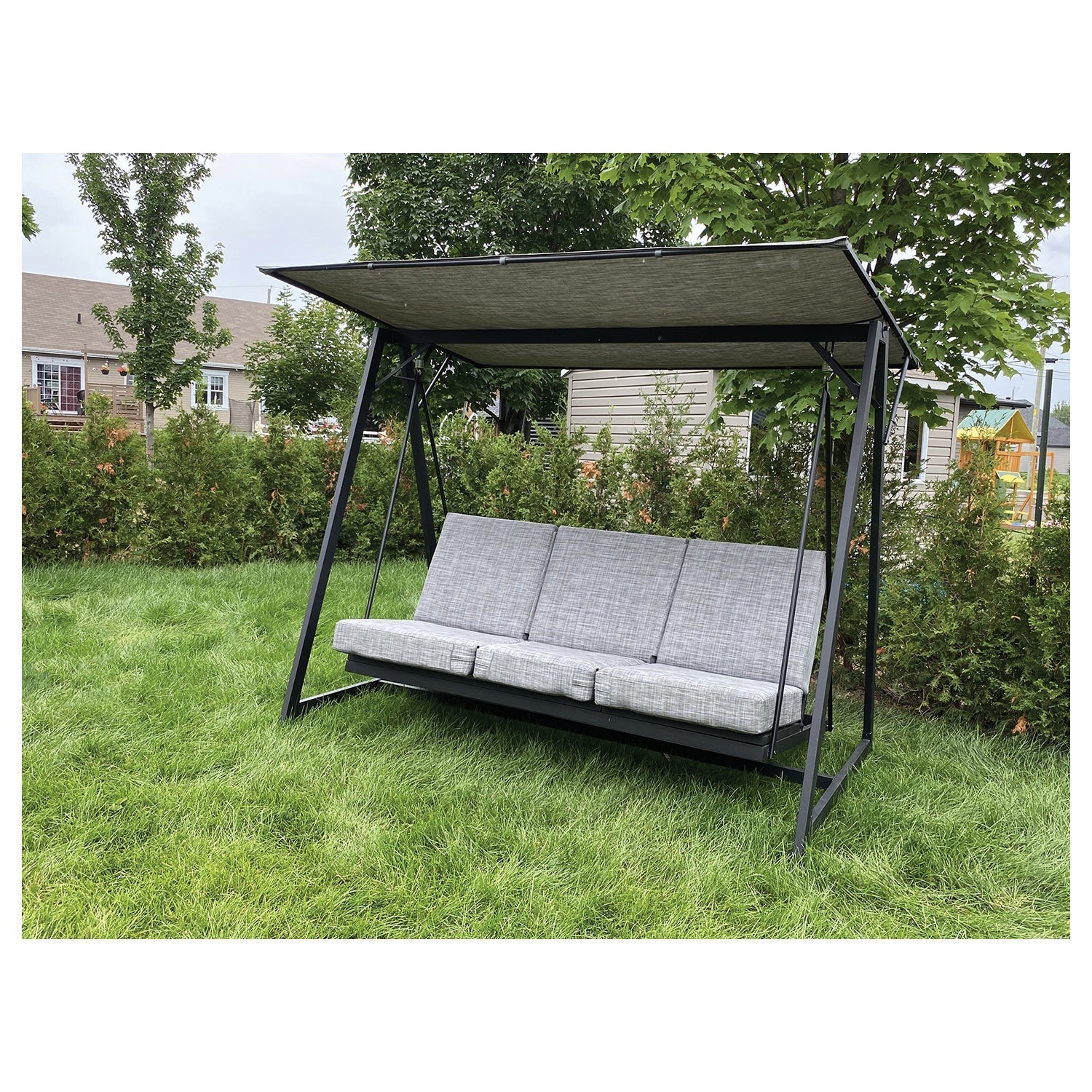 Balançoire de Luxe à 3 Places avec Fonction Bal-Hamac, Armature en Acier, Noir - Simple Boutique