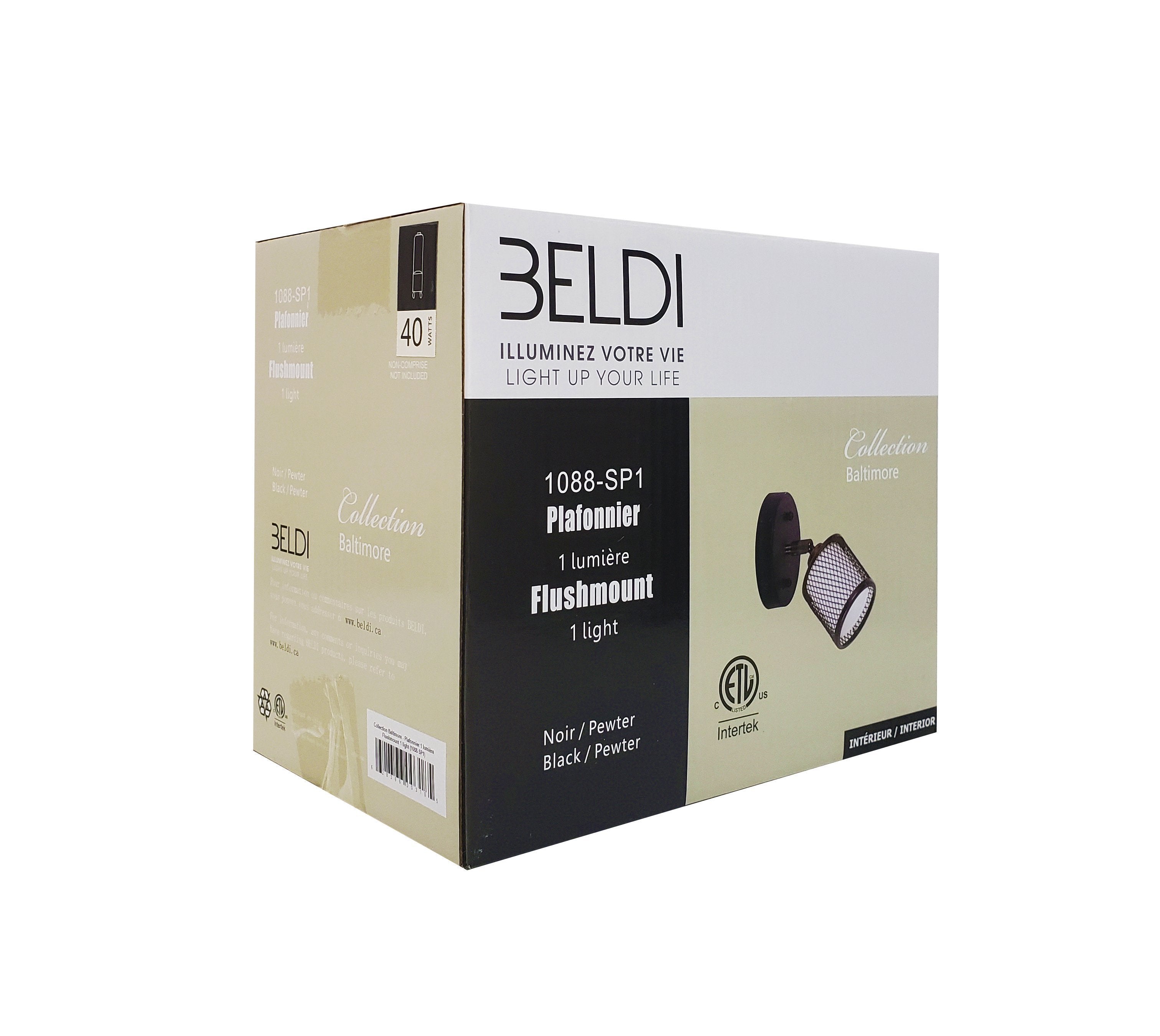 Beldi 1088-SP1 Plafonnier 1 Lumière de la Collection Baltimore 4.5''X7.9'', Noir - Liquidation Vente Finale - Simple Boutique