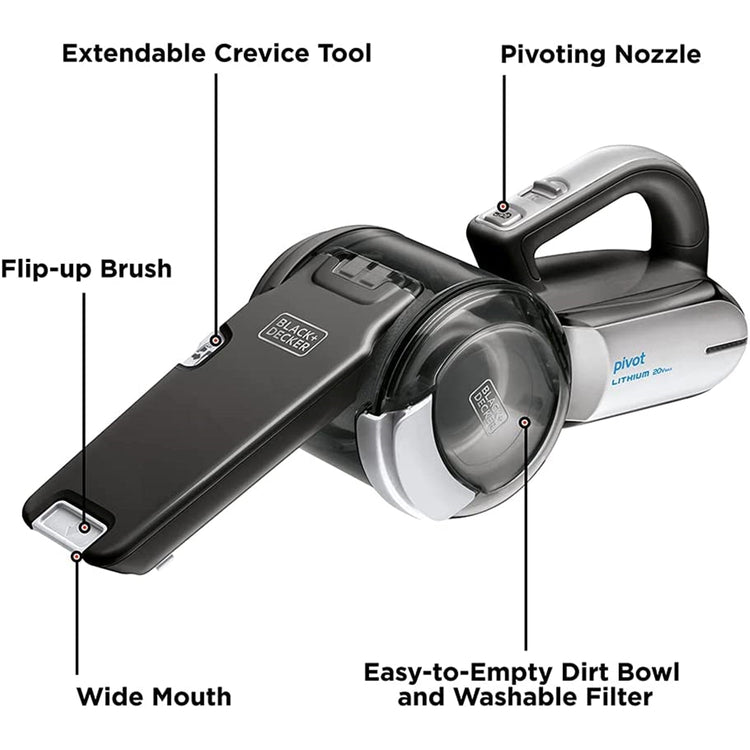 Black + Decker - Aspirateur à Main Pivotant, Sans Fil avec Batterie au Lithium 20V, Gris - Simple Boutique