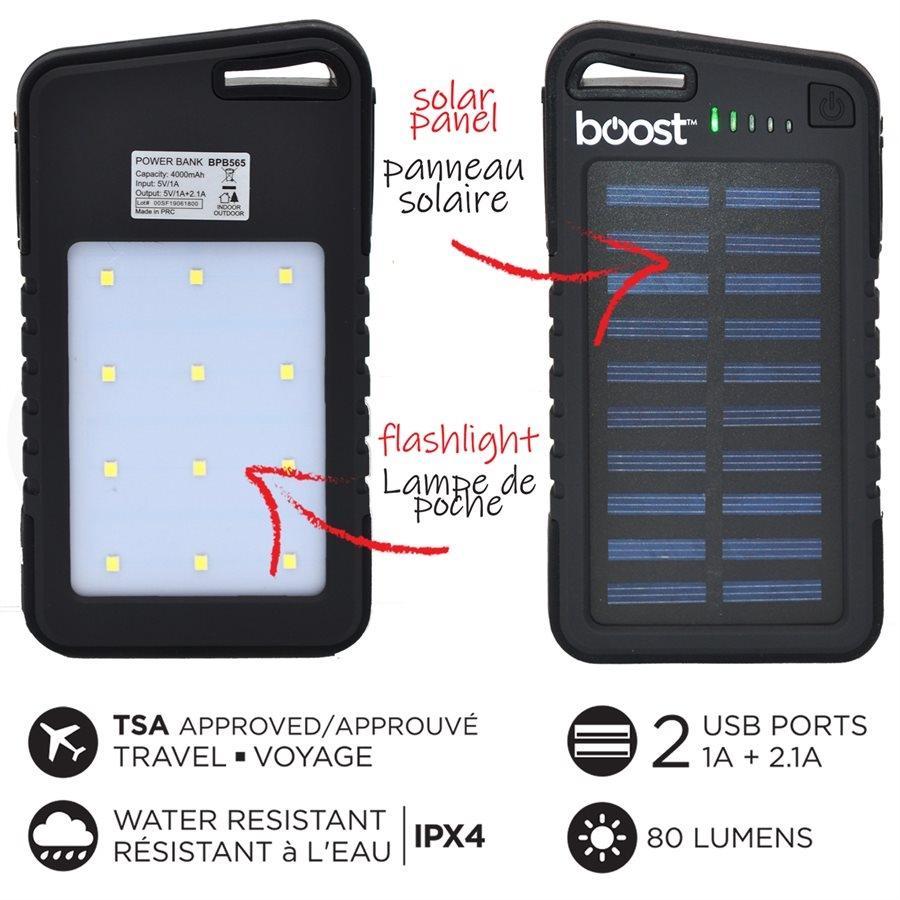Boost BPB565 - Banque d'alimentation avec Panneau Solaire, 4000 mAh, 2 Ports USB et Lampe de Poche LED, Noir - Simple Boutique