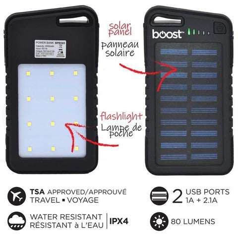 Boost BPB565 - Banque d'alimentation avec Panneau Solaire, 4000 mAh, 2 Ports USB et Lampe de Poche LED, Noir