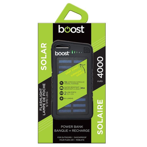 Boost BPB565 - Banque d'alimentation avec Panneau Solaire, 4000 mAh, 2 Ports USB et Lampe de Poche LED, Noir