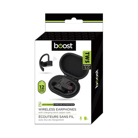 Boost TWSB700 - Écouteurs Bluetooth Type Suspendue à l'oreille, Sans Fil TWS avec Étui de Recharge à Fermeture Éclair & Microphone