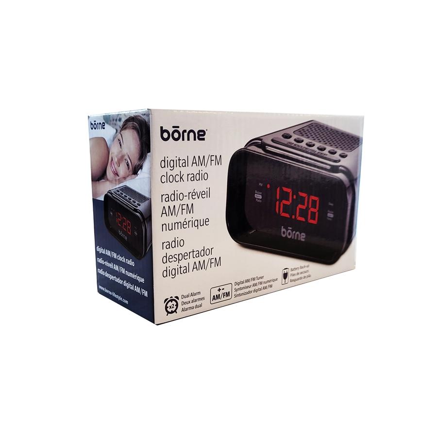 Borne - Radio-Réveil AM/FM avec Affichage Numérique, Deux Alarmes, Noir - Simple Boutique