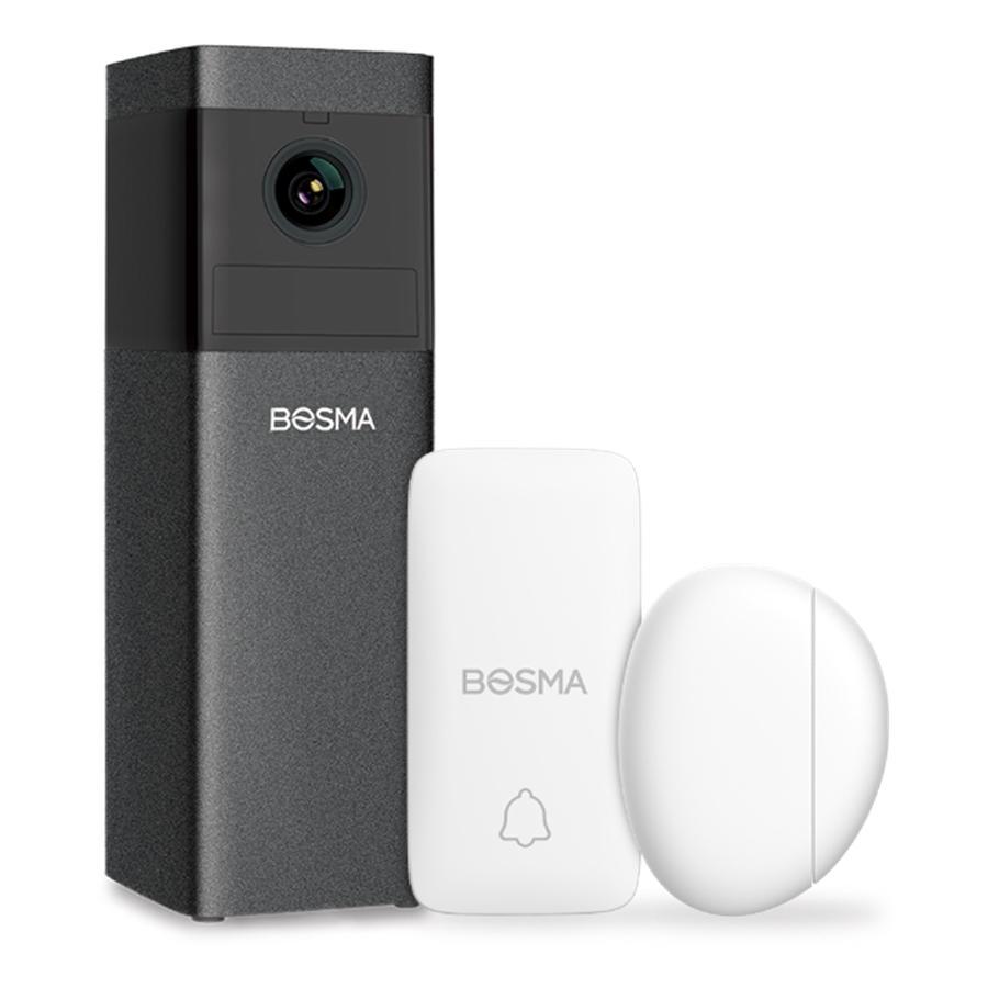 Bosma - Caméra de Sécurité Intérieur X1, 1080P, Vision Nocturne et Détection des Mouvements + 1 Capteurs de Porte ou Fenêtre + 1 Bouton Intelligent, Noir et Blanc