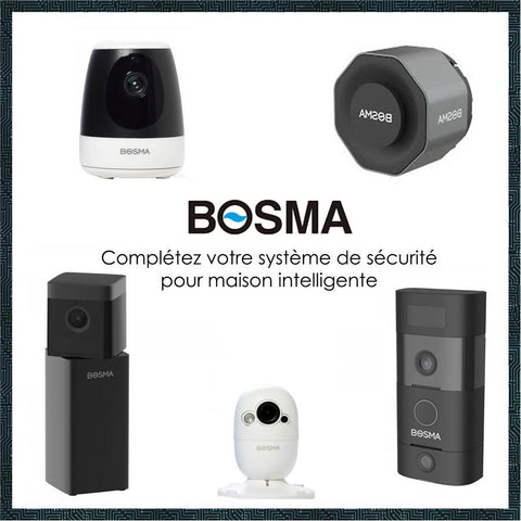 Bosma - Caméra de Sécurité Intérieur X1, 1080P, Vision Nocturne et Détection des Mouvements + 2 Capteurs de Porte ou Fenêtre, Noir et Blanc