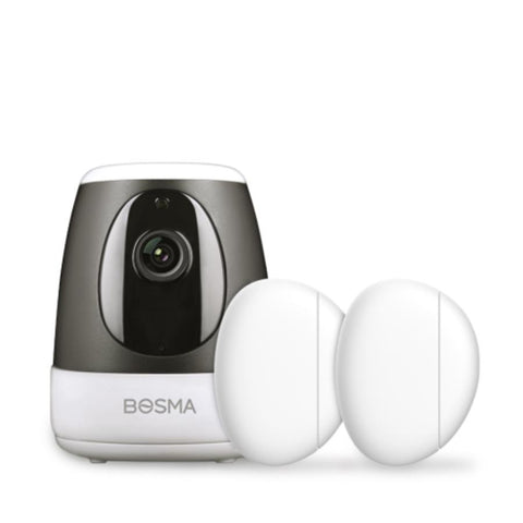 Bosma - Ensemble de Caméra de Sécurité Intérieur XC, 1080p, Détections des Mouvement et du Son + 2 Capteurs de Porte ou Fenêtre, Blanc