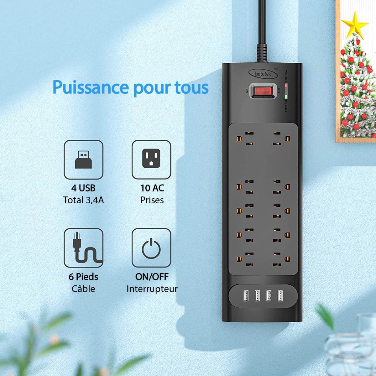 Bototek - Barre d'alimentation avec Protecteur de Surtension 2980 Joules, 12 Prises, 4 Port USB, 6 pieds de cordon, Noir - Simple Boutique