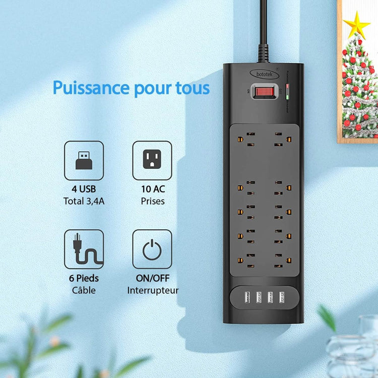 Bototek - Barre d'alimentation avec Protecteur de Surtension 2980 Joules, 12 Prises, 4 Port USB, 6 pieds de cordon, Noir - Simple Boutique