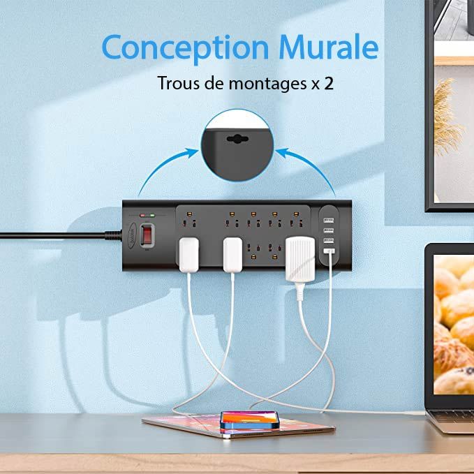 Bototek - Barre d'alimentation avec Protecteur de Surtension 2980 Joules, 12 Prises, 4 Port USB, 6 pieds de cordon, Noir - Simple Boutique