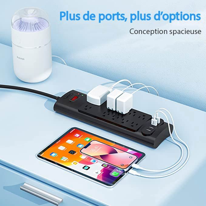 Bototek - Barre d'alimentation avec Protecteur de Surtension 2980 Joules, 12 Prises, 4 Port USB, 6 pieds de cordon, Noir - Simple Boutique