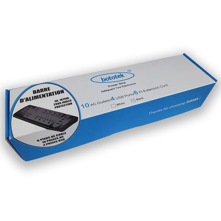 Bototek - Barre d'alimentation avec Protecteur de Surtension 2980 Joules, 12 Prises, 4 Port USB, 6 pieds de cordon, Noir - Simple Boutique
