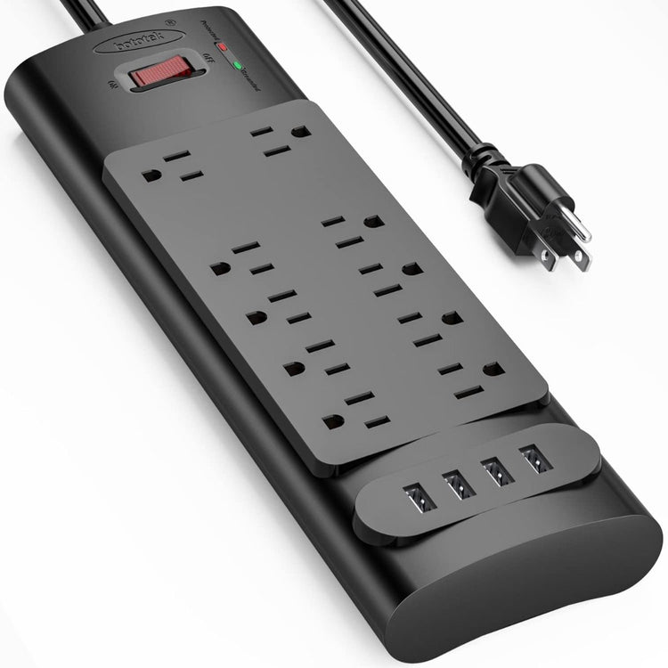 Bototek - Barre d'alimentation avec Protecteur de Surtension 2980 Joules, 12 Prises, 4 Port USB, 6 pieds de cordon, Noir - Simple Boutique