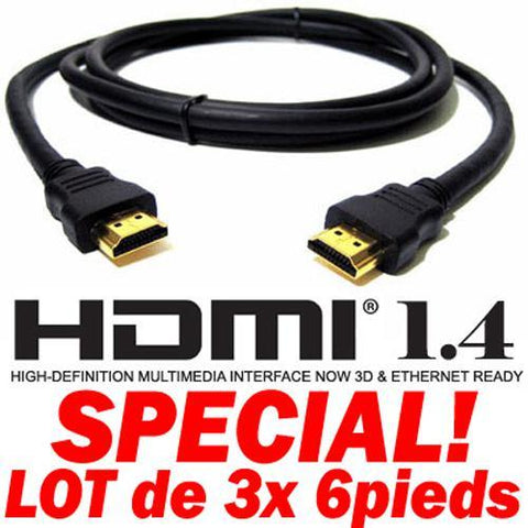 Câble HDMI v1.4 compatible 3D Ethernet 1080p 6 pieds (Lot de 3)