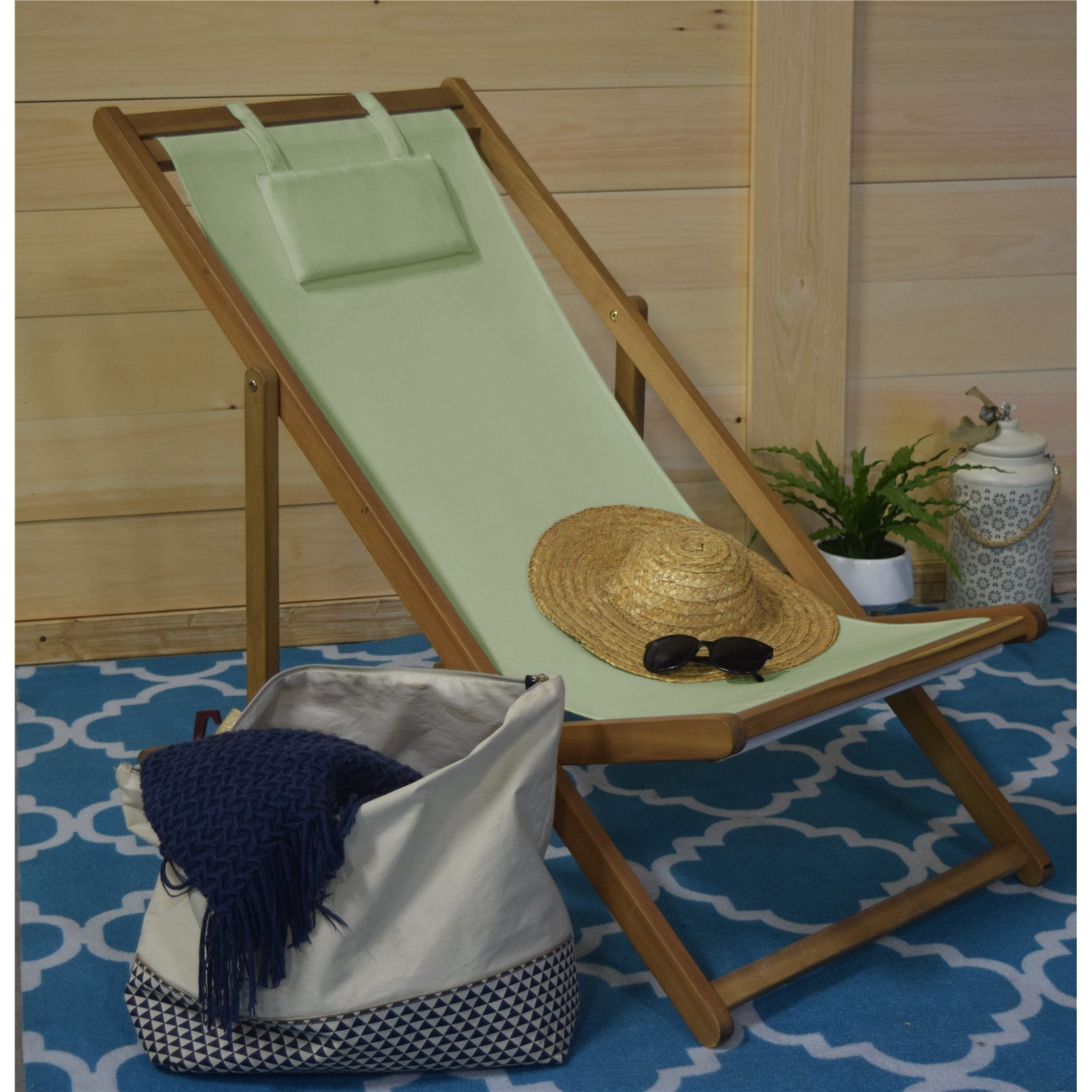Chaise Transat pour l'extérieur, Trois Niveaux Inclinaisons, Cadre en Bois, Jade - Simple Boutique