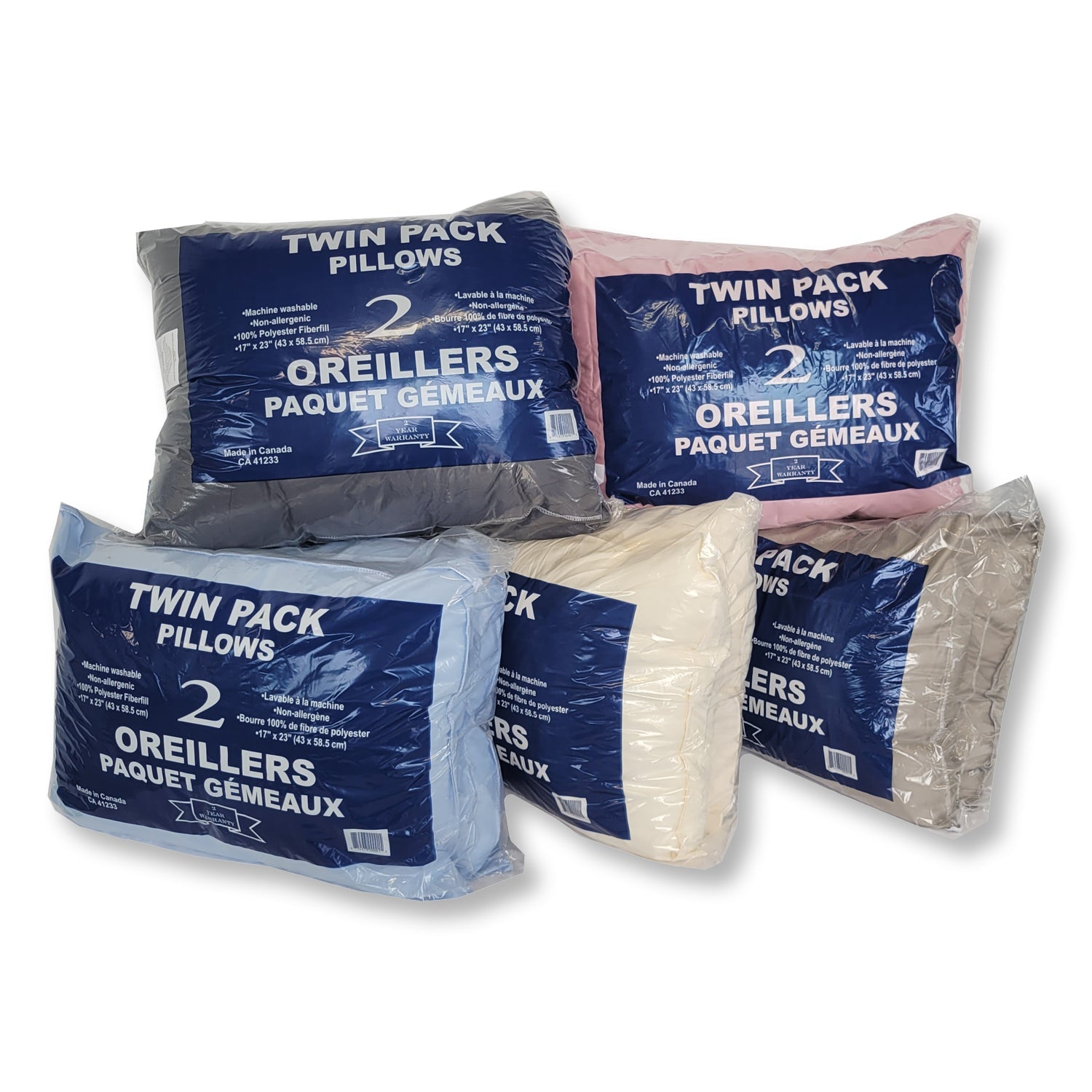 Cotton House - Ensemble de Deux Oreillers 100% Fibre de Polyester, Hypoallergénique, Paquet Économique Couleurs Aléatoires Fabriqué au Canada - Simple Boutique