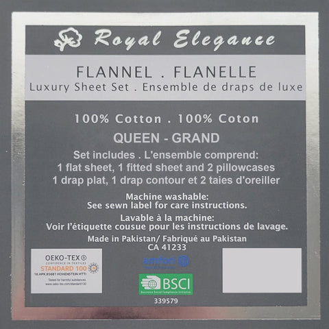 Cotton House - Ensemble de Draps de Flanelle, 100% Coton, Grandeur Grand Lit Queen, Gris Foncé