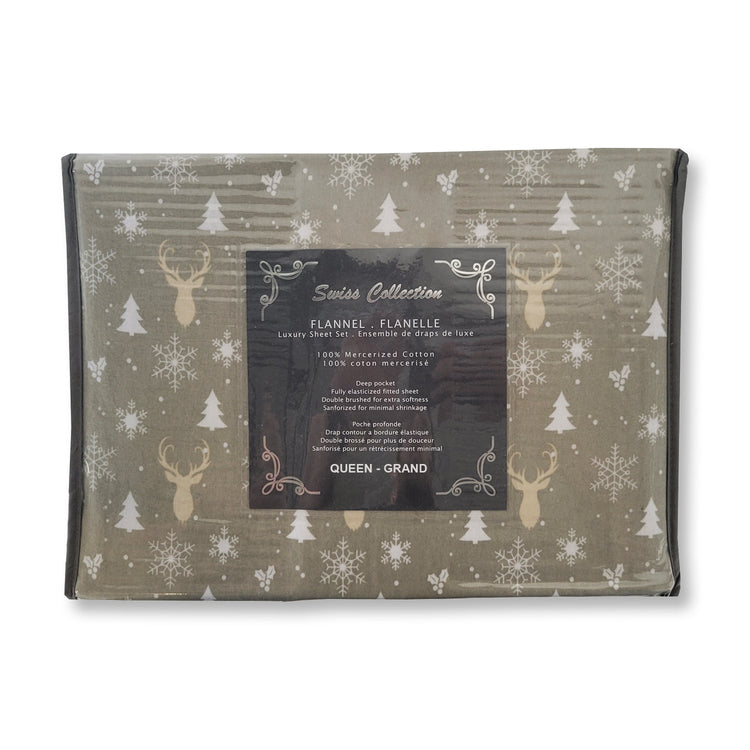 Cotton House - Ensemble de Draps de Flanelle, 100% Coton Mercerisé, Grandeur Grand Lit Queen, Motifs de Cerfs - Liquidation Fin de Saison Vente Finale - Simple Boutique