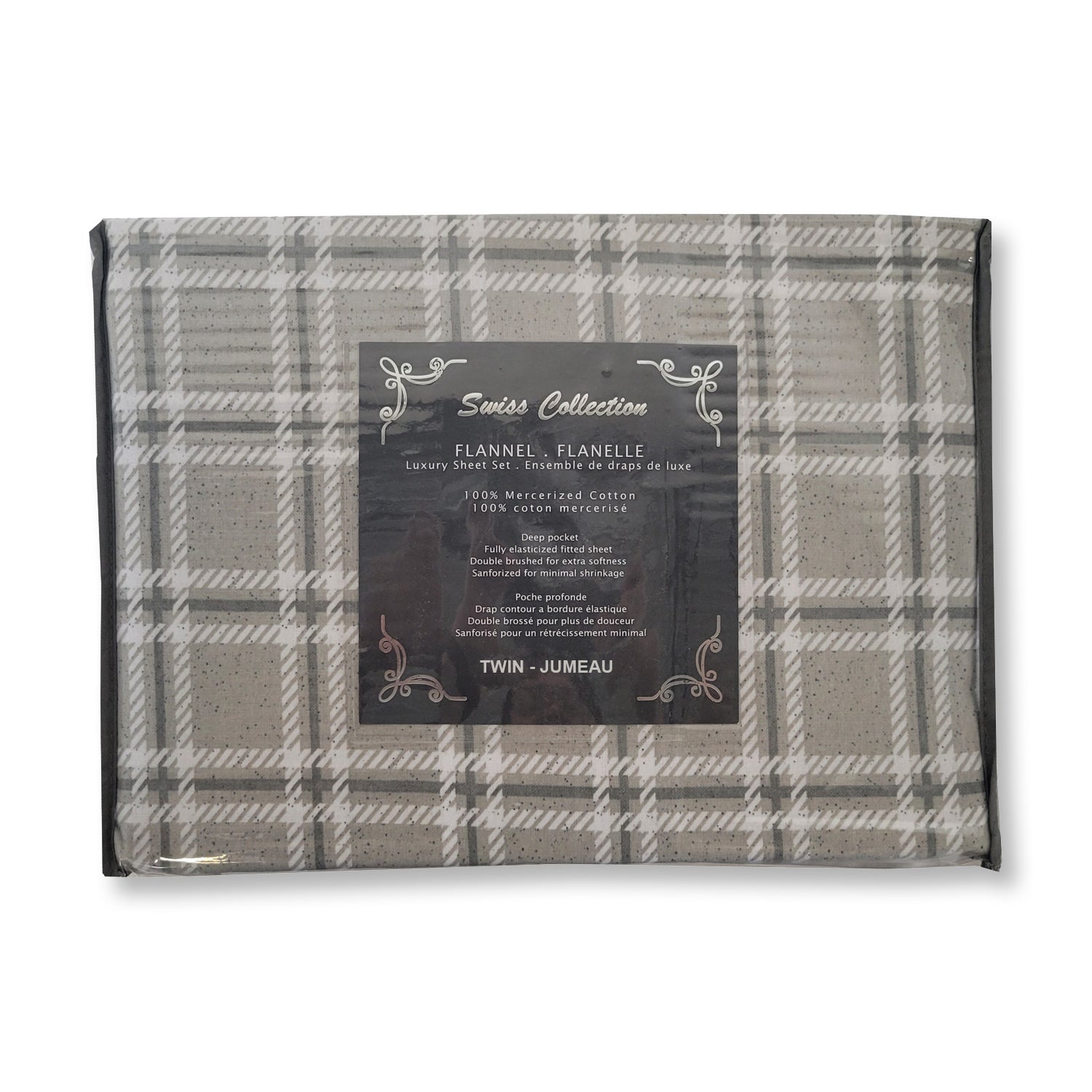 Cotton House - Ensemble de Draps de Flanelle, 100% Coton Mercerisé, Grandeur Simple, Motifs de Carreaux Gris - Liquidation Fin de Saison Vente Finale - Simple Boutique