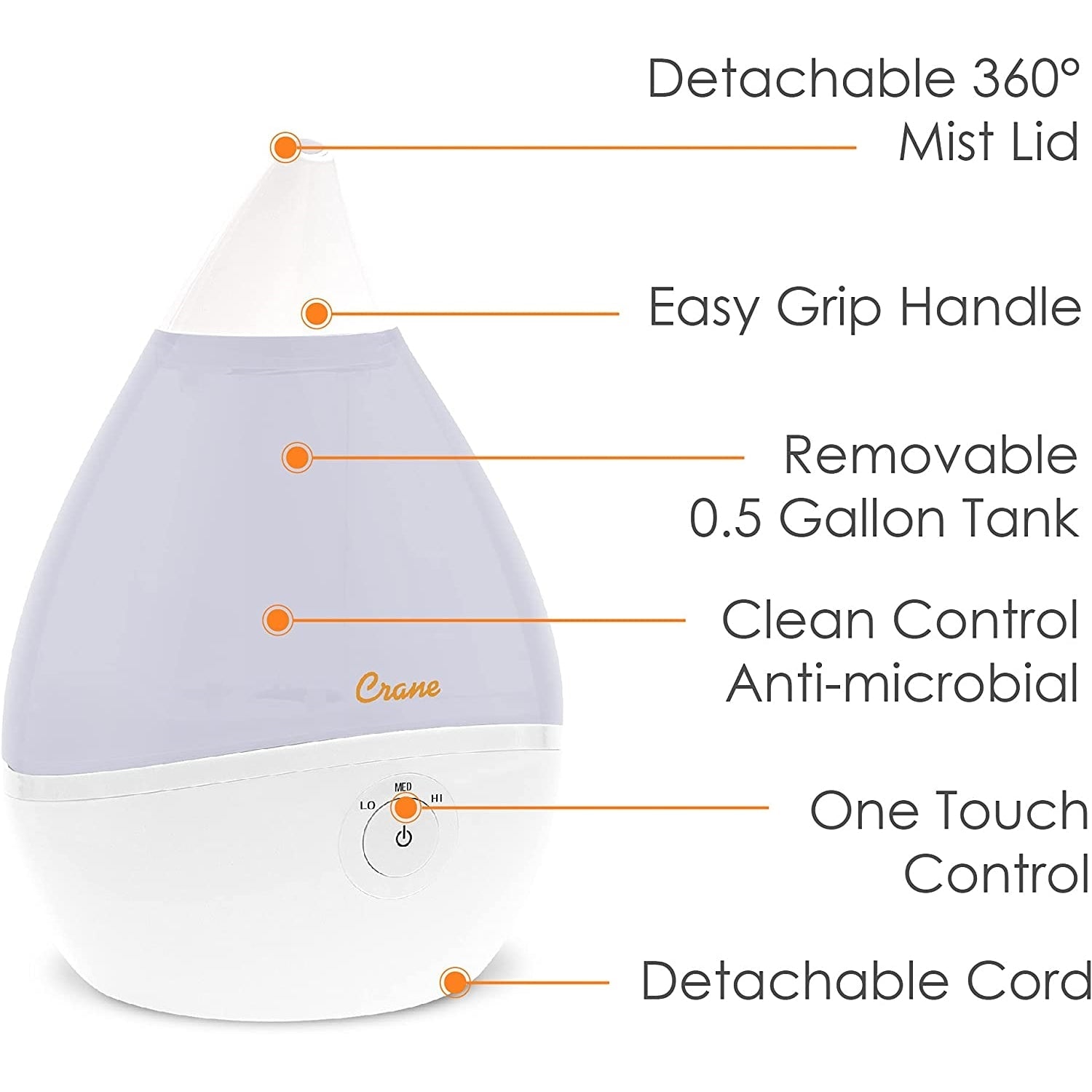 Crane - Humidificateur d'air Ultrasonic à Brume Fraiche, Buse Rotative 360 Degrée, Blanc - Simple Boutique