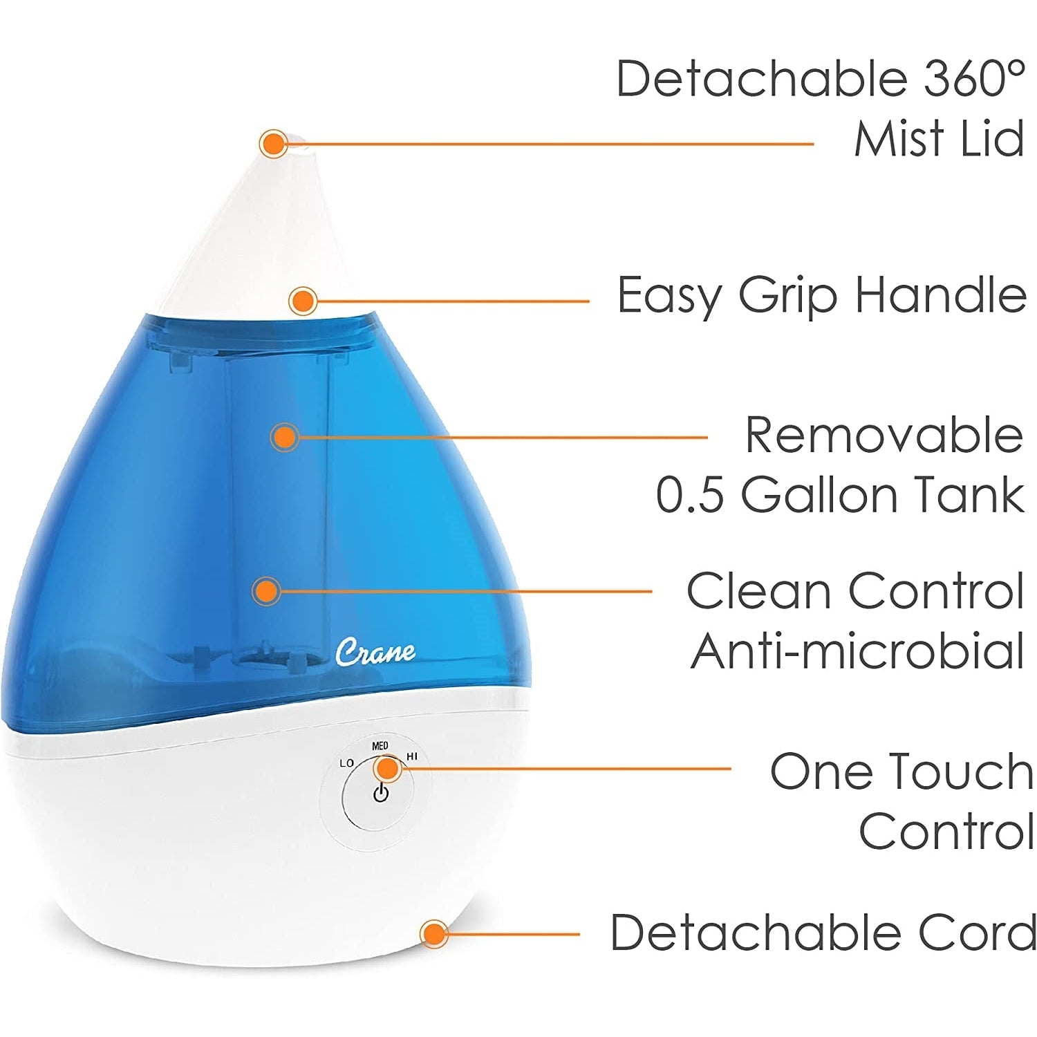 Crane - Humidificateur d'air Ultrasonic à Brume Fraiche, Buse Rotative 360 Degrée, Bleu - Simple Boutique