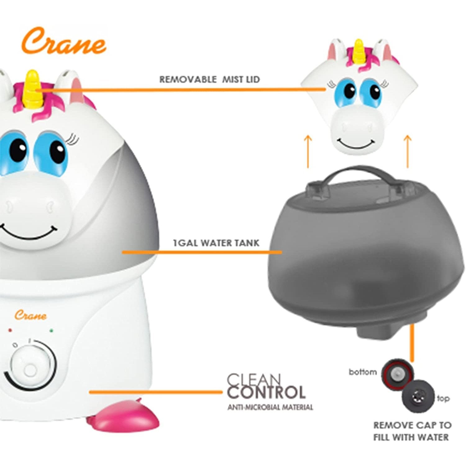 Crane - Humidificateur d'air à Vapeur Froide pour Chambre d'enfant, Capacité de 1 Gallon, Licorne - Simple Boutique