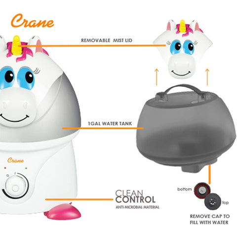Crane - Humidificateur d'air à Vapeur Froide pour Chambre d'enfant, Capacité de 1 Gallon, Licorne