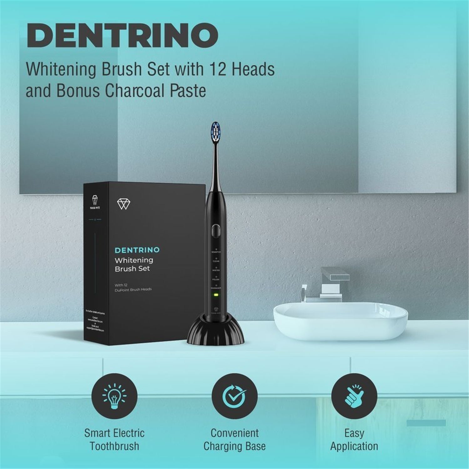 Dentrino - Ensemble de Brosse à Dent Électrique avec 12 Têtes, 5 Fonctions, Avec Étui de Rangement, Noir - Simple Boutique