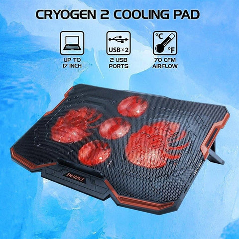 ENHANCE Cryogen Support de Refroidissement Pour Ordinateur Portable 5 Ventilateurs 2 Ports USB Design Mince avec LED Rouge