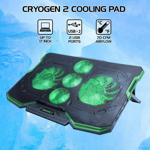 ENHANCE Cryogen Support de Refroidissement Pour Ordinateur Portable 5 Ventilateurs 2 Ports USB Design Mince avec LED Verte