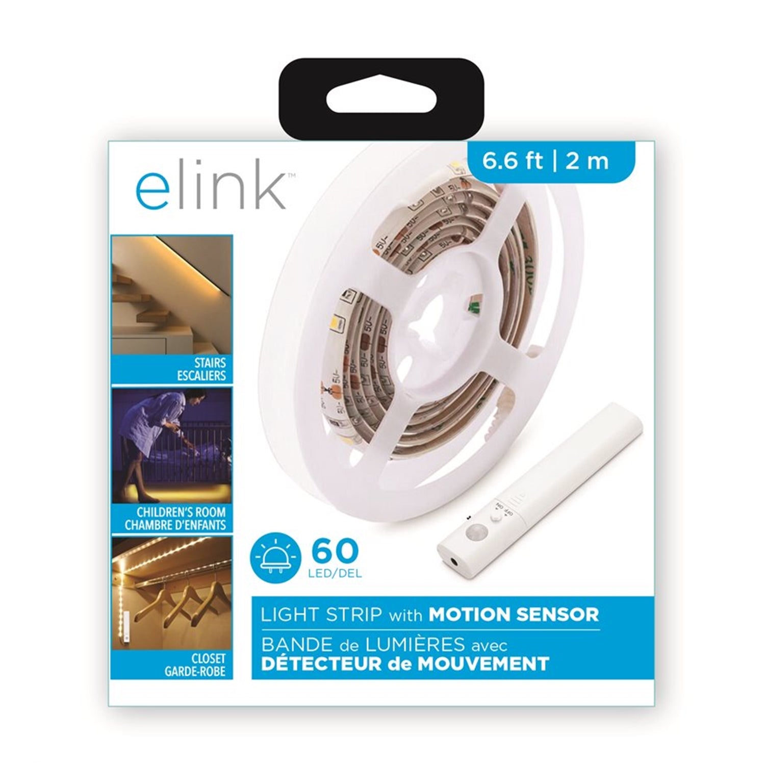 Elink - Bande Lumineuse DEL, Longeur de 6.6 Pieds (2M), 60 DEL, Avec Détecteur de Mouvement, Blanc - Simple Boutique