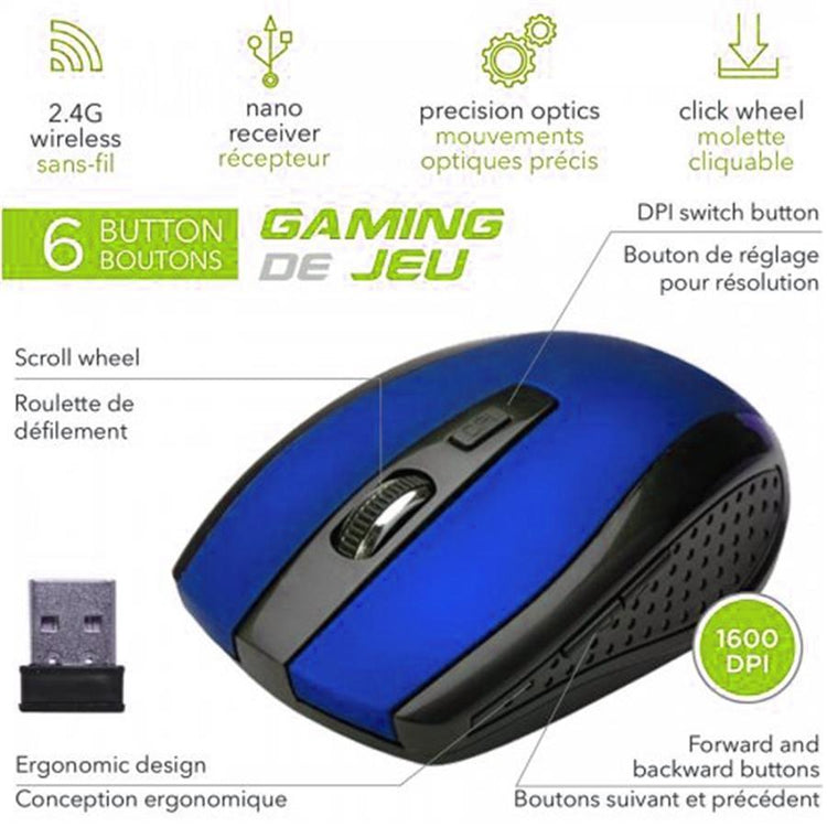 Elink CM524 - Souris de Jeu Optique Sans-Fil à 6 Boutons Avec Molette Cliquable et Nano Récepteur, Bleu - Simple Boutique