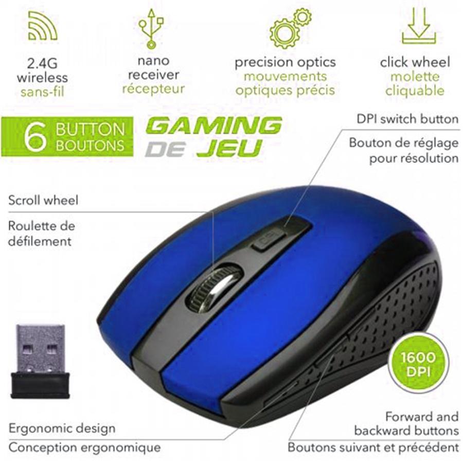 Elink CM524 - Souris de Jeu Optique Sans-Fil à 6 Boutons Avec Molette Cliquable et Nano Récepteur, Bleu - Simple Boutique