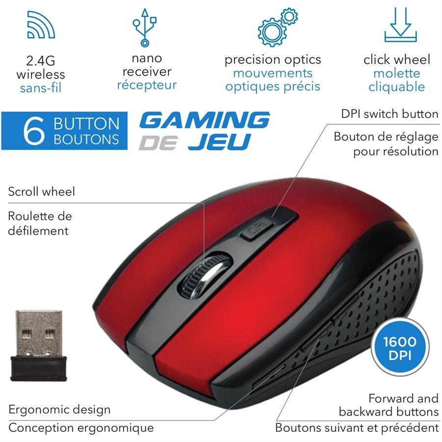 Elink CM524 - Souris de Jeu Optique Sans-Fil à 6 Boutons Avec Molette Cliquable et Nano Récepteur, Rouge - Simple Boutique