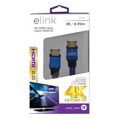 Elink CV-3265 Câble HDMI 3 Pieds 2.0 4K Tressé avec Conneteurs Métalliques Bleu