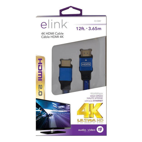 Elink CV-3267 Câble HDMI 12 Pieds 2.0 4K Tressé avec Conneteurs Métalliques Bleu