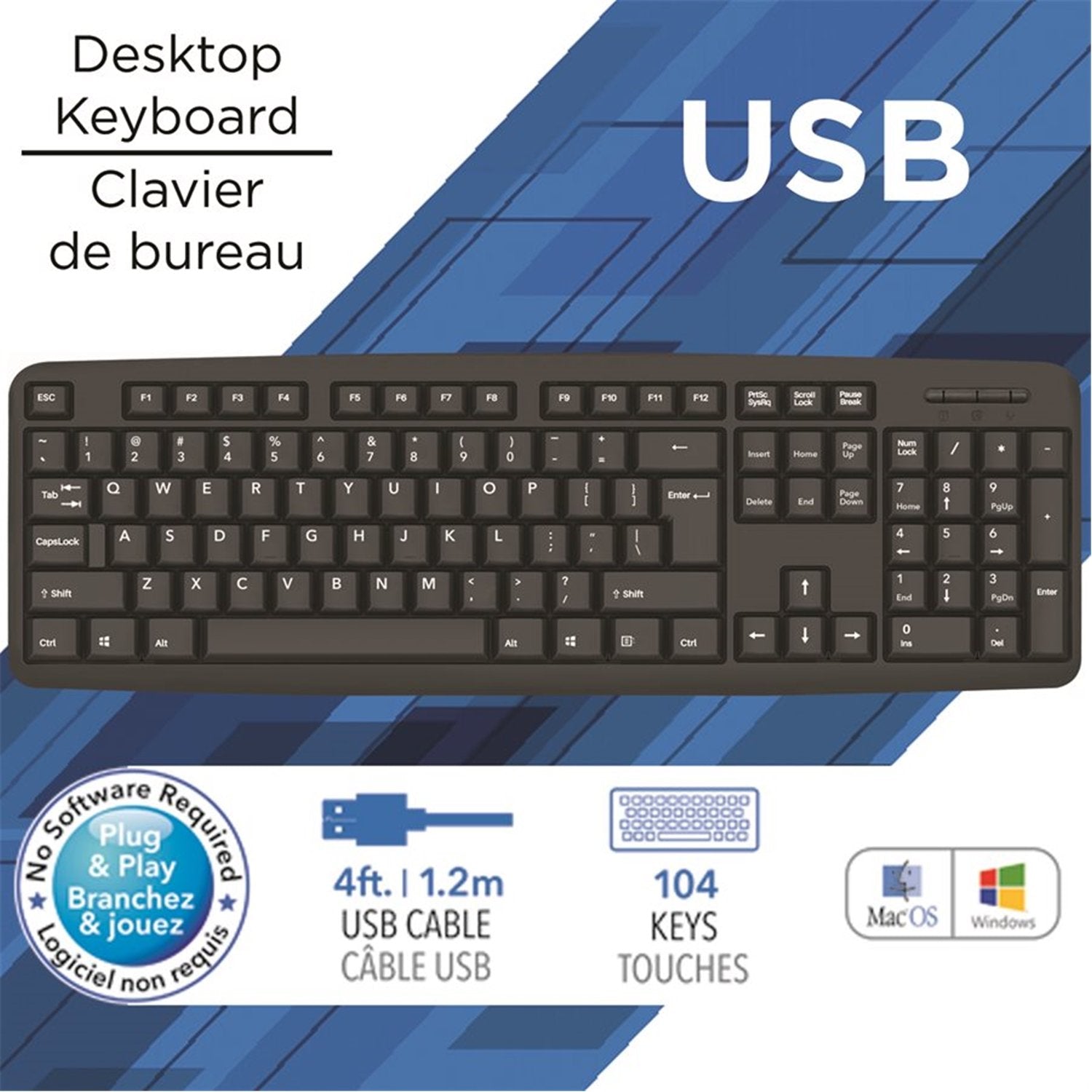 Elink - Clavier de Bureau USB avec 104 Touches, Câble de 4 Pieds, Noir - Simple Boutique