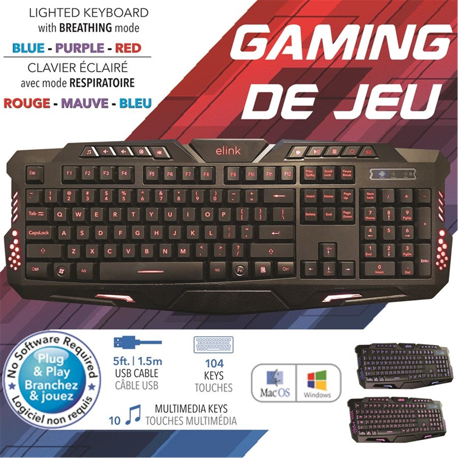Elink - Clavier de Jeu USB à 104 Touches, Câble de 5 Pieds, Rétroéclairage Blue, Rouge ou Mauve - Simple Boutique