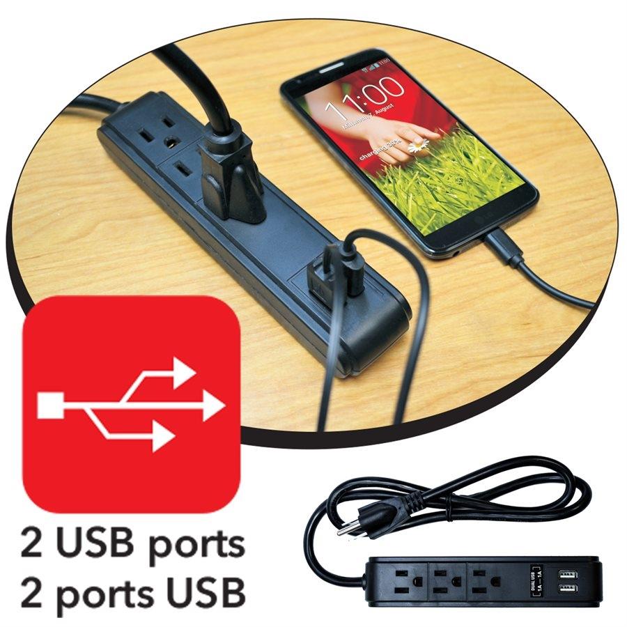 Elink EK-4058 Rallonge d'Alimentation avec 3 Prises à la terre et 2 Prises USB Noir - Simple Boutique