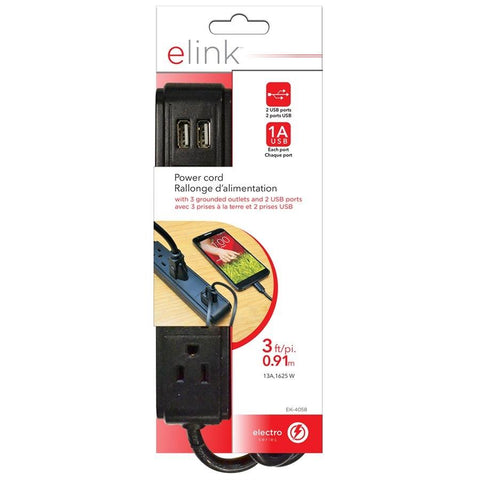 Elink EK-4058 Rallonge d'Alimentation avec 3 Prises à la terre et 2 Prises USB Noir